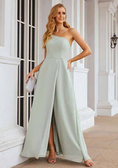 A-Line One-Shoulder Floor-Length Sleeveless Chiffon Bridesmaid Dress With Split