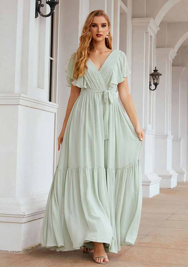 A-Line Floor-Length Short Sleeve Chiffon Bridesmaid Dress, V-Neck With Pleats