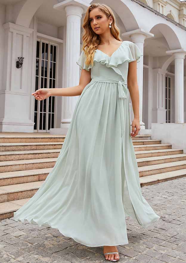 A-Line Floor-Length Short Sleeve Chiffon Bridesmaid Dress, V-Neck With Sashes And Ruffles