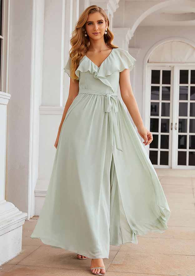 A-Line Floor-Length Short Sleeve Chiffon Bridesmaid Dress, V-Neck With Sashes And Ruffles