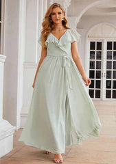 A-Line Floor-Length Short Sleeve Chiffon Bridesmaid Dress, V-Neck With Sashes And Ruffles