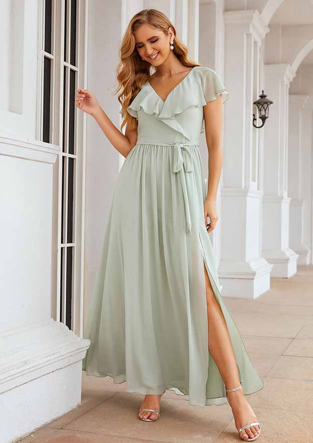 A-Line Floor-Length Short Sleeve Chiffon Bridesmaid Dress, V-Neck With Sashes And Ruffles