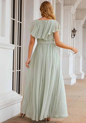 A-Line Floor-Length Short Sleeve Chiffon Bridesmaid Dress, V-Neck With Sashes And Ruffles