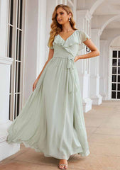 A-Line Floor-Length Short Sleeve Chiffon Bridesmaid Dress, V-Neck With Sashes And Ruffles