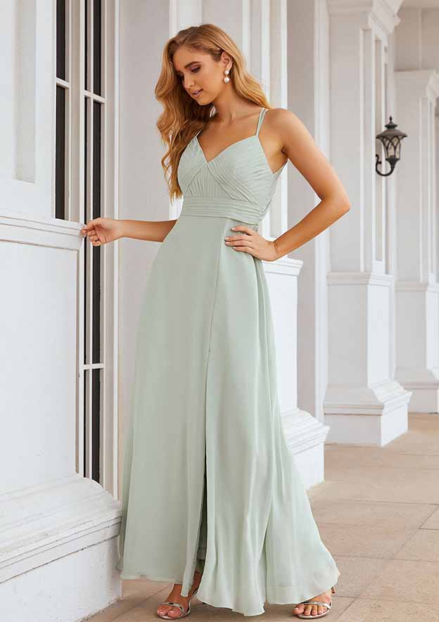 A-Line Sweetheart Floor-Length Sleeveless Chiffon Bridesmaid Dress With Pleats And Split