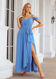 Floor-Length Chiffon Bridesmaid Dress, A-Line Cut, V-Neck, Sleeveless, Pleats, Waistband, And Split BM bride