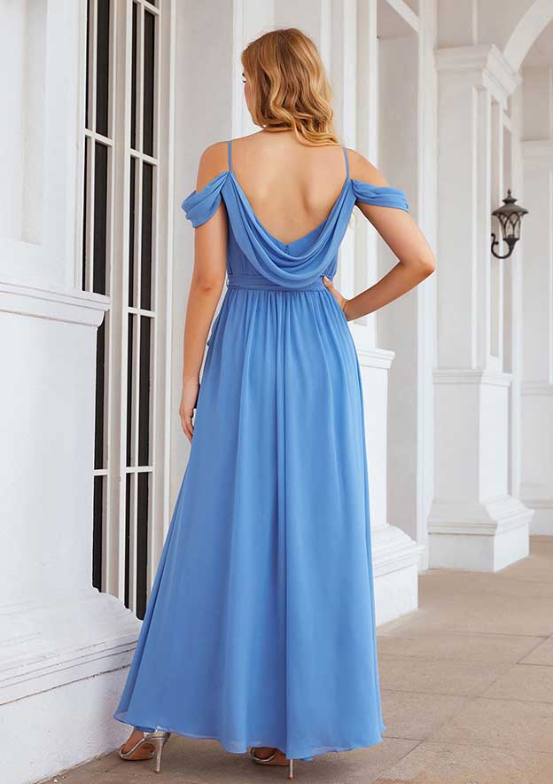 Floor-Length Chiffon Bridesmaid Dress, A-Line Cut, V-Neck, Sleeveless, Pleats, Waistband, And Split BM bride