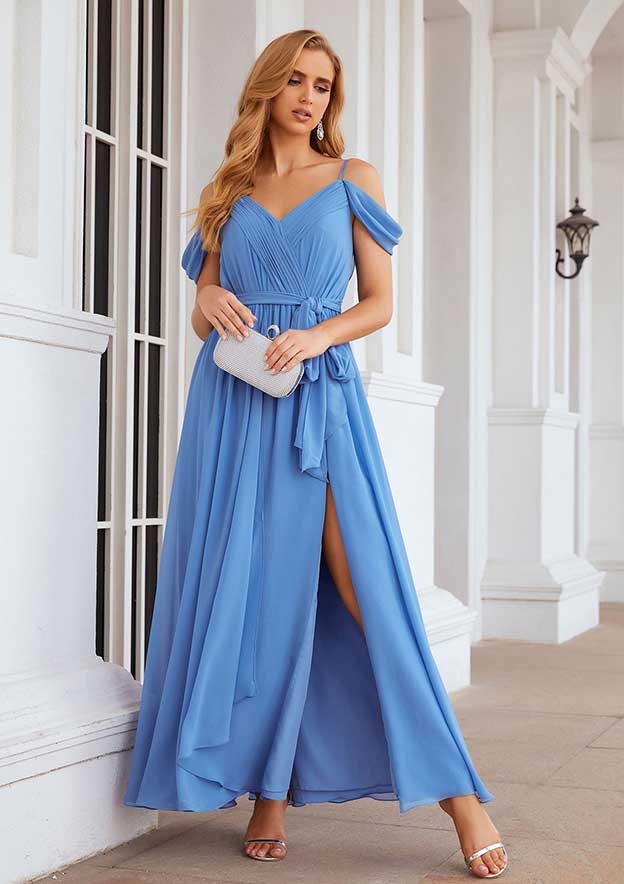 Floor-Length Chiffon Bridesmaid Dress, A-Line Cut, V-Neck, Sleeveless, Pleats, Waistband, And Split BM bride