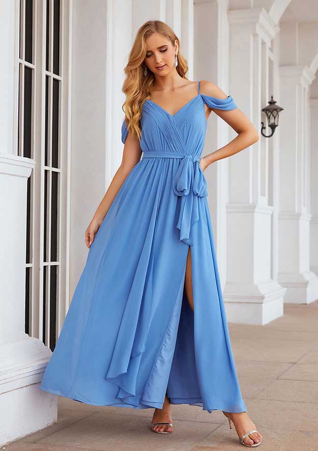 Floor-Length Chiffon Bridesmaid Dress, A-Line Cut, V-Neck, Sleeveless, Pleats, Waistband, And Split BM bride