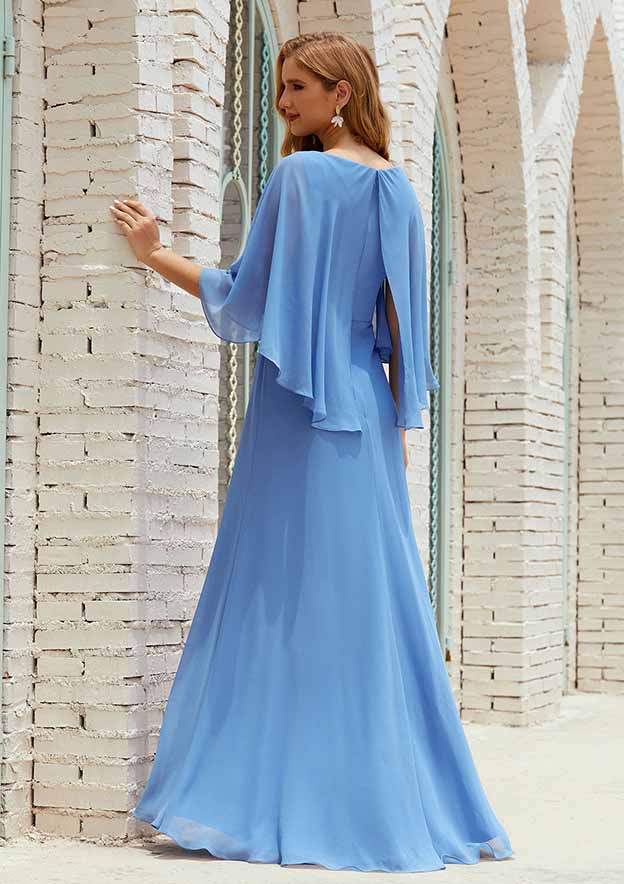 Long/Floor-Length Chiffon Mother of the Bride Dress, Half Sleeve Scoop Neck A-line BM bride