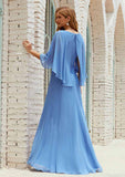 Long/Floor-Length Chiffon Mother of the Bride Dress, Half Sleeve Scoop Neck A-line BM bride