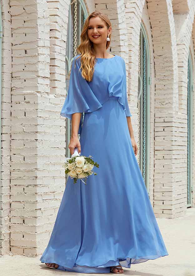 Long/Floor-Length Chiffon Mother of the Bride Dress, Half Sleeve Scoop Neck A-line BM bride