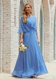 Long/Floor-Length Chiffon Mother of the Bride Dress, Half Sleeve Scoop Neck A-line BM bride