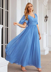 A-Line Floor-Length Short Sleeve Bridesmaid Dress Chiffon V-Neck With Pleats