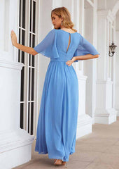 A-Line Floor-Length Short Sleeve Bridesmaid Dress Chiffon V-Neck With Pleats