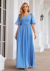 A-Line Floor-Length Short Sleeve Bridesmaid Dress Chiffon V-Neck With Pleats