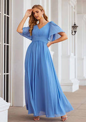 A-Line Floor-Length Short Sleeve Bridesmaid Dress Chiffon V-Neck With Pleats