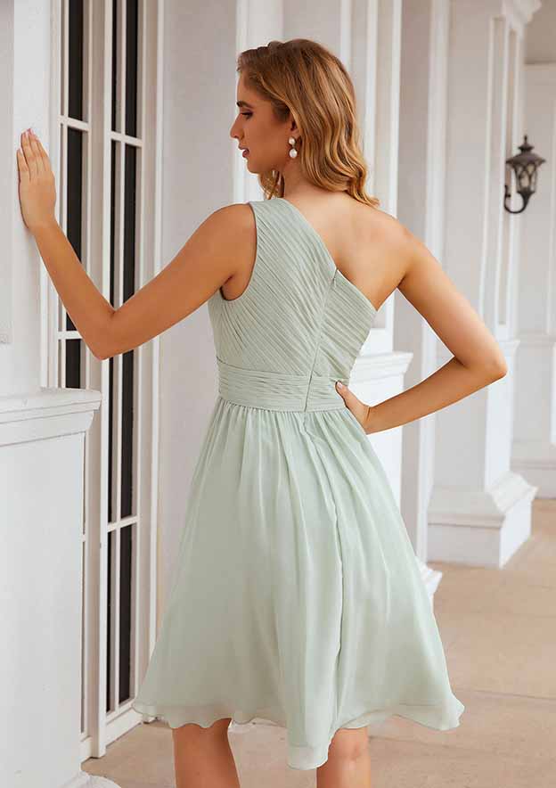 Knee-Length Chiffon Bridesmaid Dress, A-Line Cut, One-Shoulder, Sleeveless, With Pleats BM bride