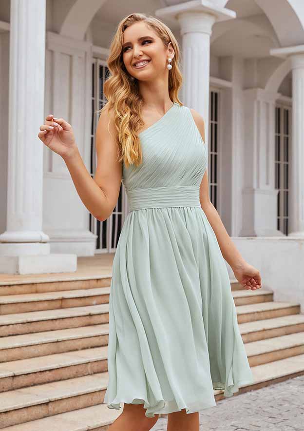 Knee-Length Chiffon Bridesmaid Dress, A-Line Cut, One-Shoulder, Sleeveless, With Pleats BM bride