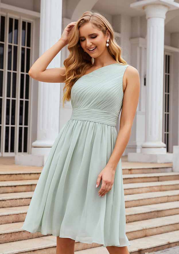 Knee-Length Chiffon Bridesmaid Dress, A-Line Cut, One-Shoulder, Sleeveless, With Pleats BM bride