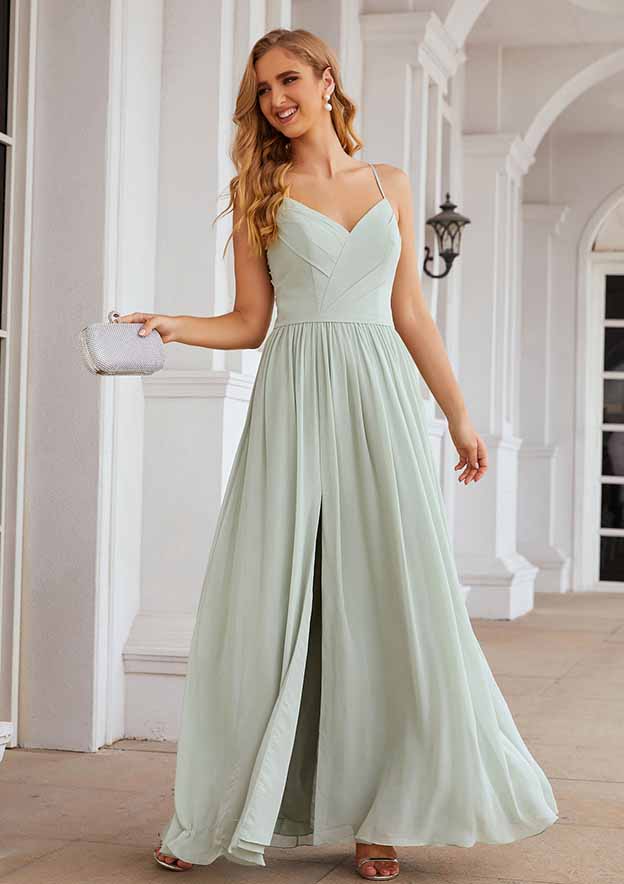 A-Line Floor-Length Sleeveless Chiffon Bridesmaid Dress, V-Neck With Pleats And Split