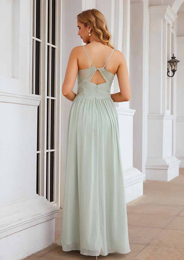 A-Line Floor-Length Sleeveless Chiffon Bridesmaid Dress, V-Neck With Pleats And Split