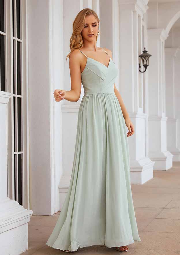 A-Line Floor-Length Sleeveless Chiffon Bridesmaid Dress, V-Neck With Pleats And Split