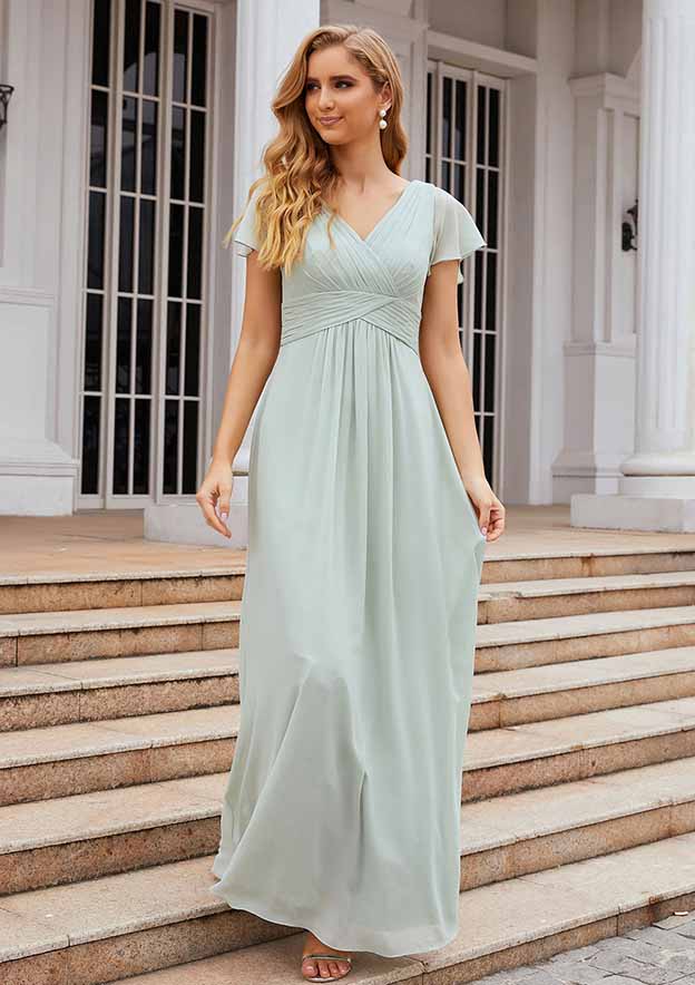 V-Neck A-Line Floor-Length Chiffon Bridesmaid Dress, Short Sleeves With Pleats BM bride