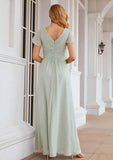 V-Neck A-Line Floor-Length Chiffon Bridesmaid Dress, Short Sleeves With Pleats BM bride