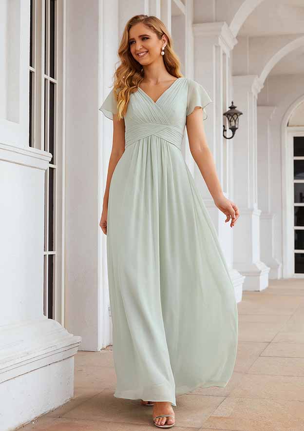 V-Neck A-Line Floor-Length Chiffon Bridesmaid Dress, Short Sleeves With Pleats BM bride