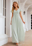 V-Neck A-Line Floor-Length Chiffon Bridesmaid Dress, Short Sleeves With Pleats BM bride