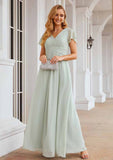 V-Neck A-Line Floor-Length Chiffon Bridesmaid Dress, Short Sleeves With Pleats BM bride