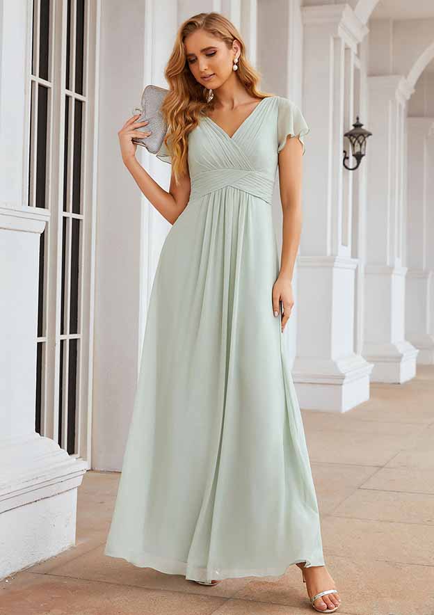 V-Neck A-Line Floor-Length Chiffon Bridesmaid Dress, Short Sleeves With Pleats BM bride