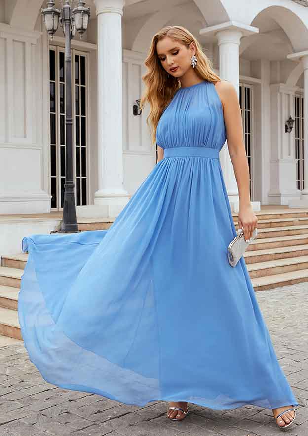 Long/Floor-Length Chiffon Bridesmaid Dress, A-Line Empire Halter Style, Sleeveless, With Pleated BM bride