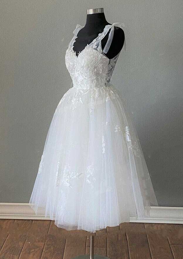 Elegant A-Line V-Neck Sleeveless Lace Tulle Tea-Length Wedding Dress