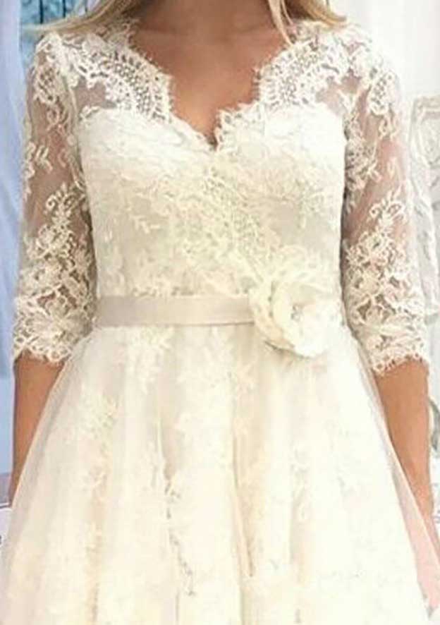 Refined A-Line V-Neck 3/4 Sleeve Tea-Length Tulle Lace Wedding Dress with Flower Waistband