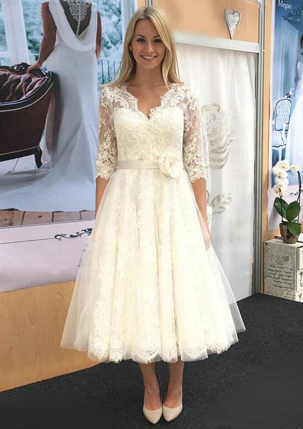 Refined A-Line V-Neck 3/4 Sleeve Tea-Length Tulle Lace Wedding Dress with Flower Waistband