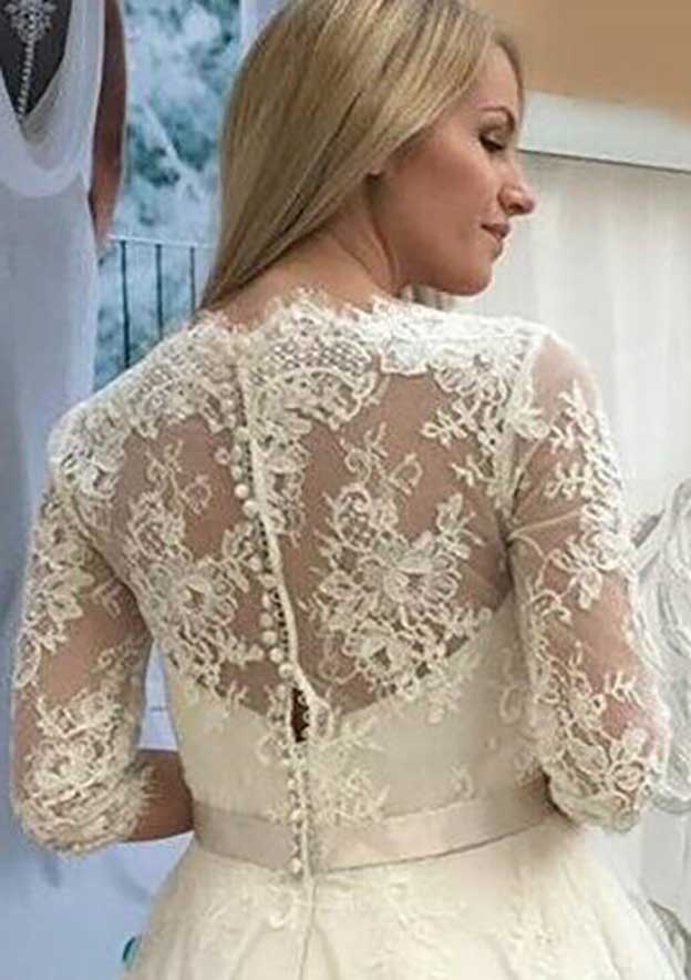 Refined A-Line V-Neck 3/4 Sleeve Tea-Length Tulle Lace Wedding Dress with Flower Waistband