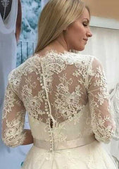 Refined A-Line V-Neck 3/4 Sleeve Tea-Length Tulle Lace Wedding Dress with Flower Waistband