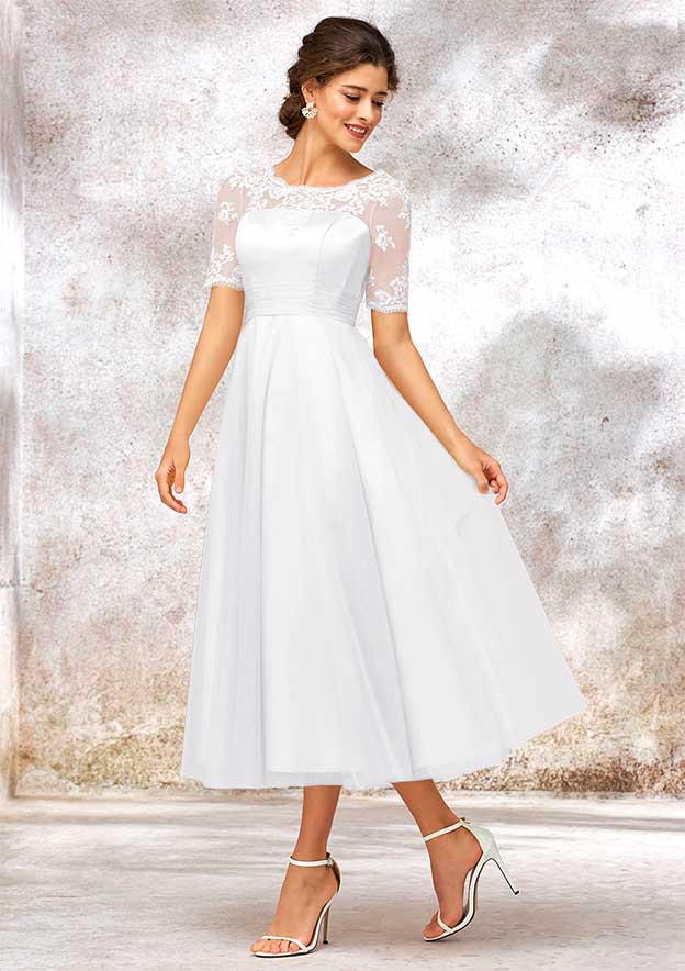 Classic A-Line Bateau Short Sleeve Tea-Length Wedding Dress in Tulle and Satin with Appliqu¨¦ Lace