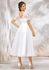 Classic A-Line Bateau Short Sleeve Tea-Length Wedding Dress in Tulle and Satin with Appliqued Lace