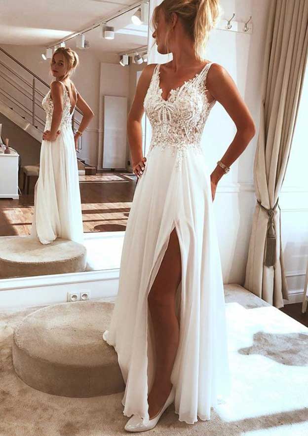 Stylish A-Line V-Neck Sleeveless Long Chiffon Wedding Dress with Split Beading and Lace Appliqueds