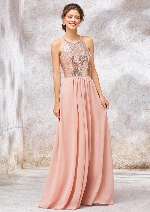 Long/Floor-Length Chiffon Bridesmaid Dress, Scoop Neck, Sleeveless, Sequined, With Sequin Detail BM bride