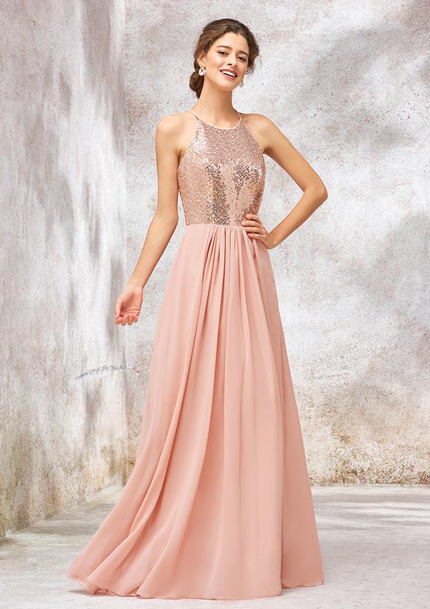 Long/Floor-Length Chiffon Bridesmaid Dress, Scoop Neck, Sleeveless, Sequined, With Sequin Detail BM bride