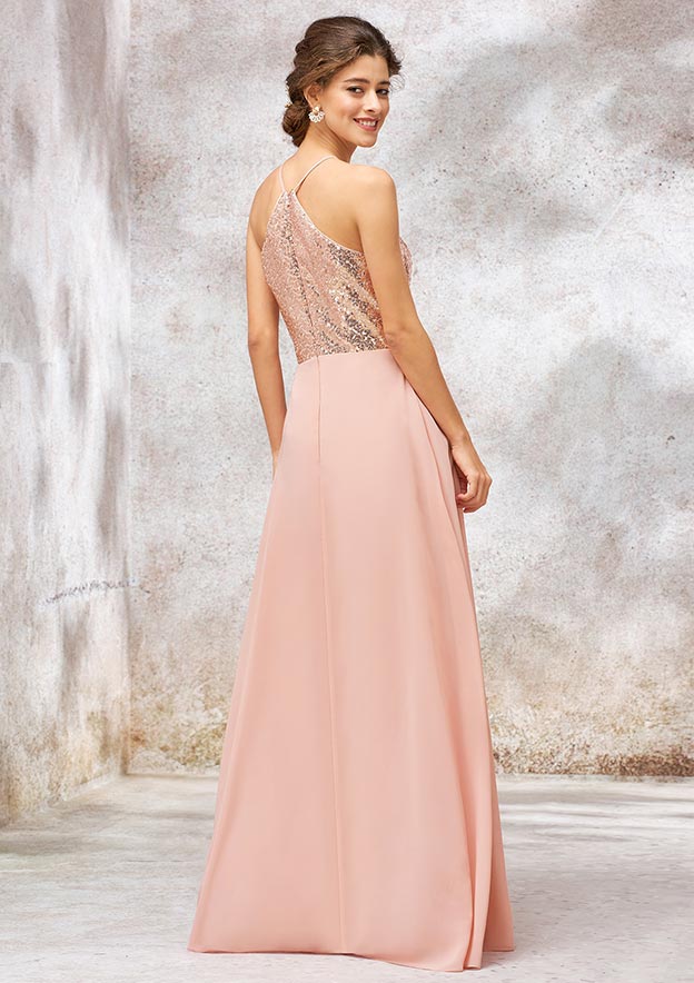 Long/Floor-Length Chiffon Bridesmaid Dress, Scoop Neck, Sleeveless, Sequined, With Sequin Detail BM bride