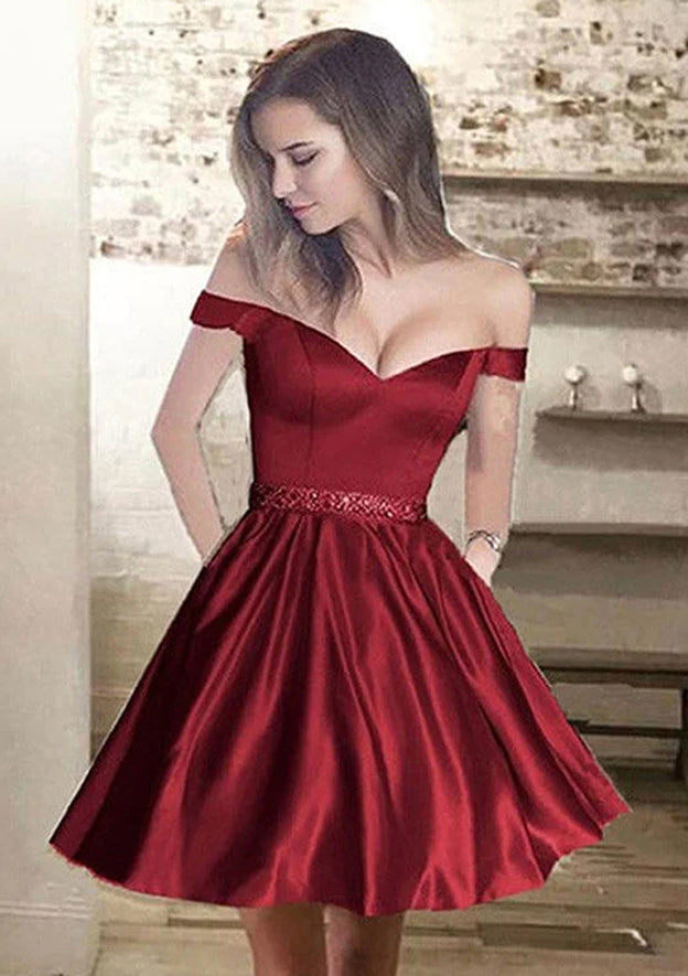 Beautiful A-Line Off-The-Shoulder Sleeveless Mini Homecoming Dress With Beading And Pleats BM bride