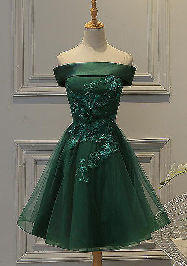 Graceful A-Line Square Neckline Sleeveless Tulle Satin Mini Homecoming Dress With Appliqued Beading BM bride