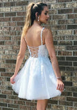 Sophisticated A-Line V-Neck Sleeveless Lace Tulle Mini Homecoming Dress With Appliqued Details BM bride