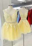 Graceful A-Line V-Neck Sleeveless Lace Tulle Mini Homecoming Dress With Beading And Bandage BM bride