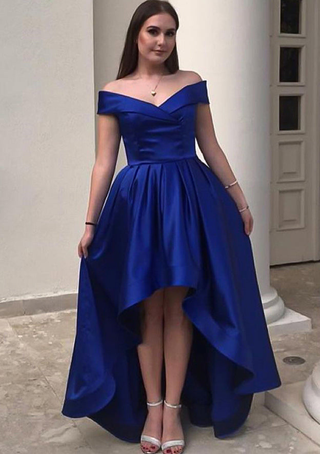 Stylish A-Line Off-The-Shoulder Sleeveless Satin Asymmetrical Homecoming Dress With Ruffles BM bride